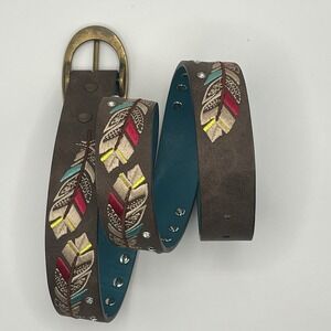 Catchfly Studio Southwest Belt Girl's XL Brown Multicolor Feathers Boho Festive